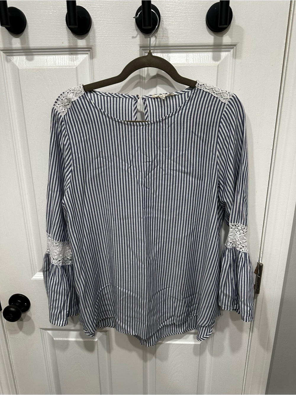 Jane and Delancey Blue and White Striped Lace Shoulder Blouse